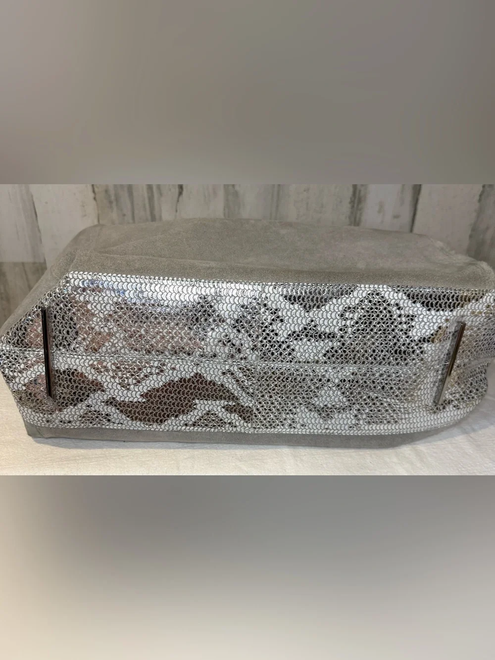 Celine Dion Gray Suede Shoulder Bag with Metallic Snake Trim Y2K